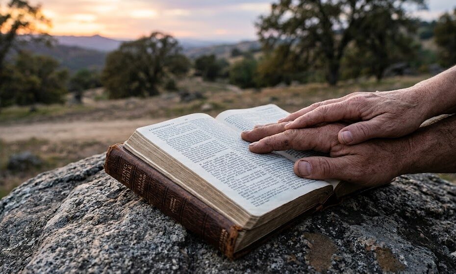 A weathered, open King James Bible resting on a large stone outdoors during a golden sunset, with two aged hands placed gently over the scripture pages.