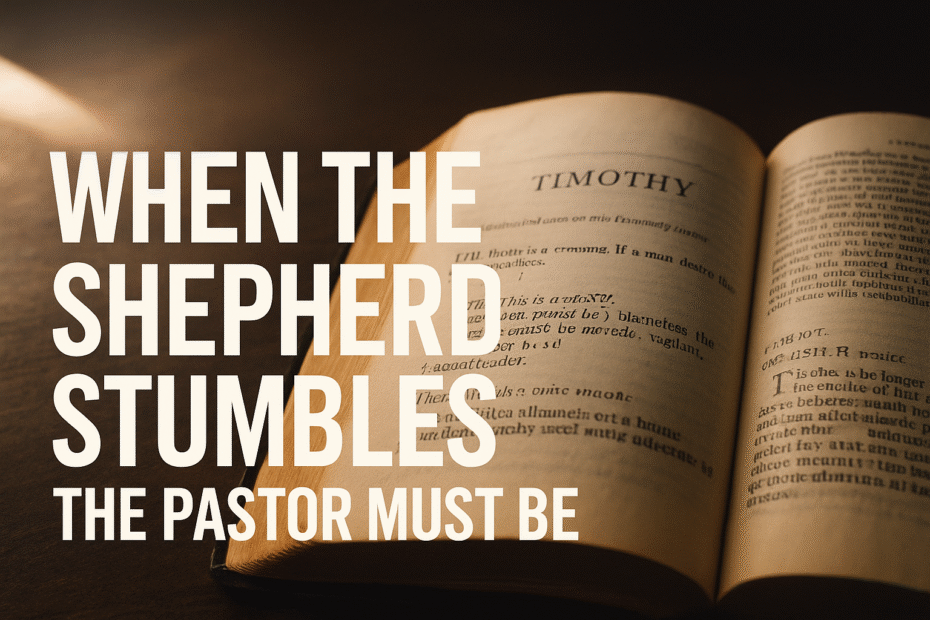 Open Bible showing 1 Timothy 3 in warm light with bold text reading “When the Shepherd Stumbles — The Pastor Must Be.”