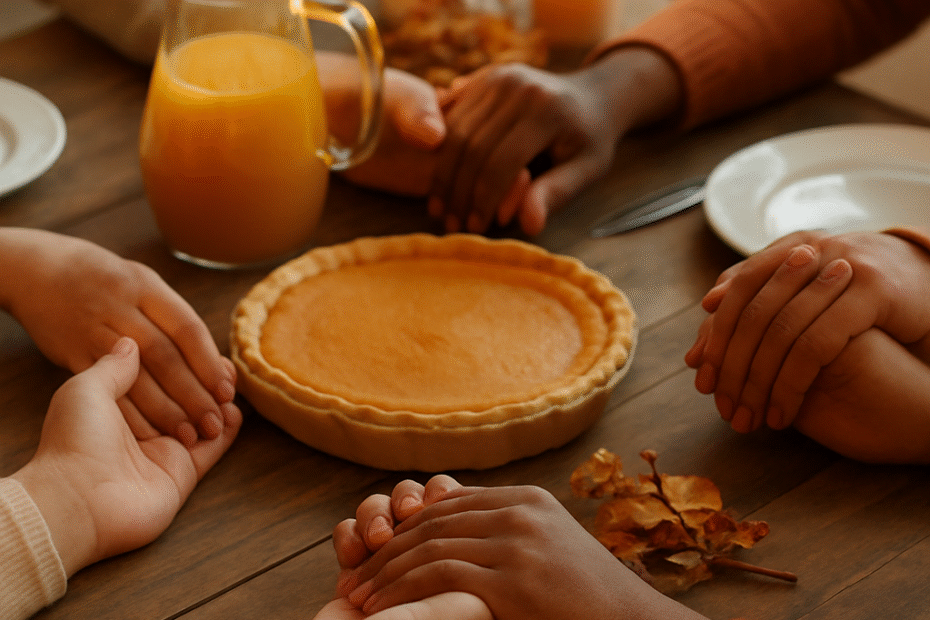 Diverse hands joined in gratitude around a warm Thanksgiving table with pumpkin pie and candles.