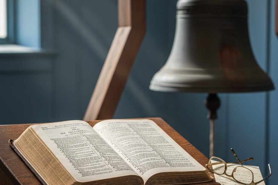 An open King James Bible resting on an old wooden pulpit with reading glasses and a vintage church bell in the background.