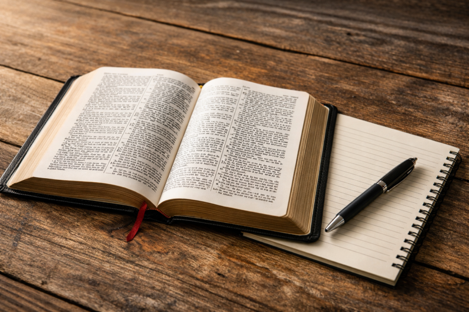Open Bible on a wooden table with a notebook and pen beside it