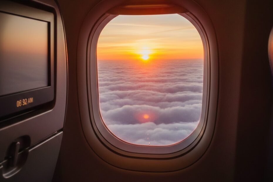 View from an airplane window looking out at a golden sunrise over a thick blanket of soft white clouds.