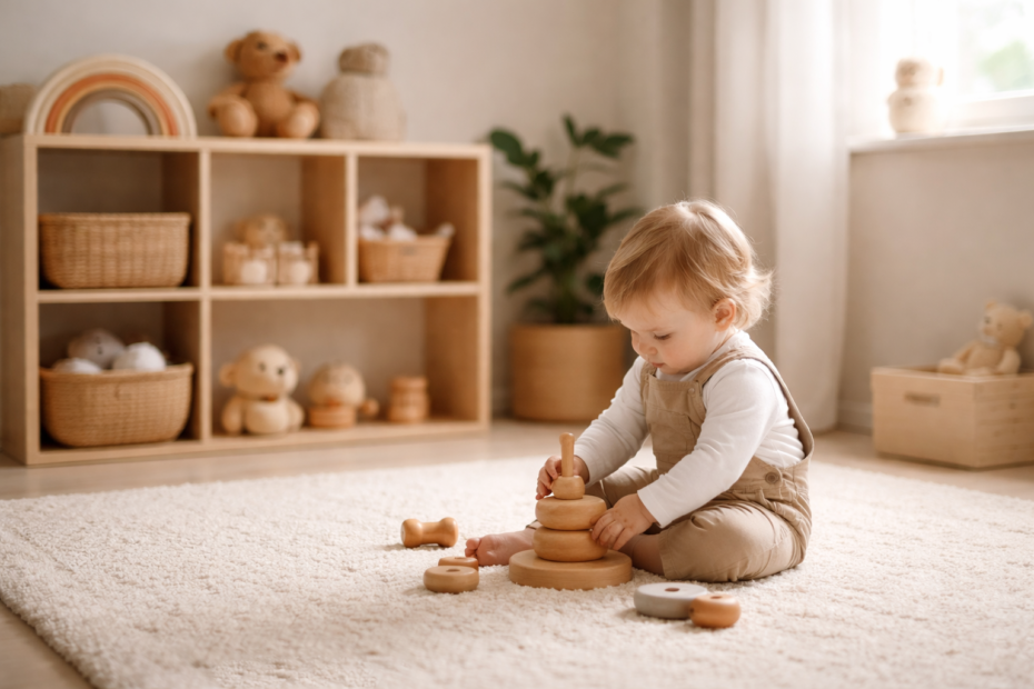 Toddler calmly playing with a wooden stacking toy in a simple, uncluttered playroom
