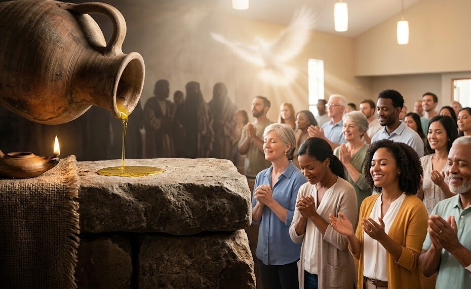 A split-concept image showing a traditional clay jar pouring oil onto a stone altar next to a modern, diverse congregation praying together in a warm, light-filled room.