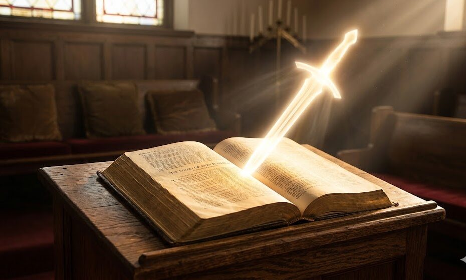 An open King James Bible on a wooden church pulpit with a glowing, ethereal sword of light rising from the pages of Hebrews 4:12.