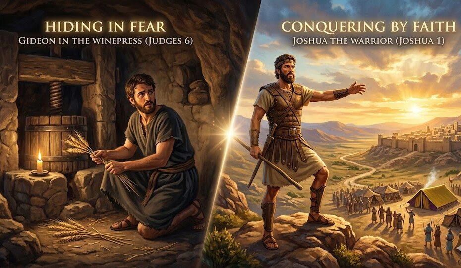 A split-screen illustration showing Gideon hiding in a dark stone winepress with wheat and Joshua standing on a sunlit mountain overlooking a promised land.