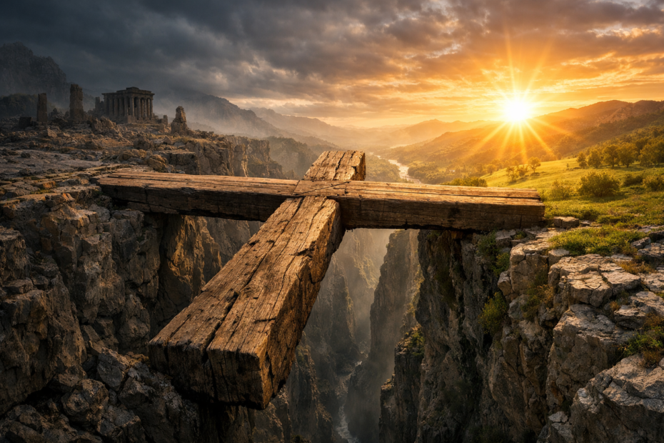 A rugged wooden cross of Calvary bridging a deep canyon between an ancient stone temple and a lush, sunlit landscape.
