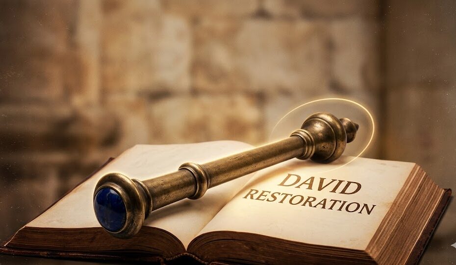 An ancient ornate scepter resting on an open Bible with the words David and Restoration visible, set against a warm stone background.
