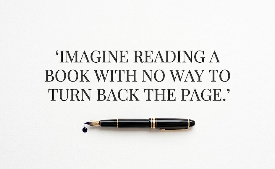 Minimalist top-down view of a black fountain pen and an ink droplet on white textured paper with the quote: Imagine reading a book with no way to turn back the page.