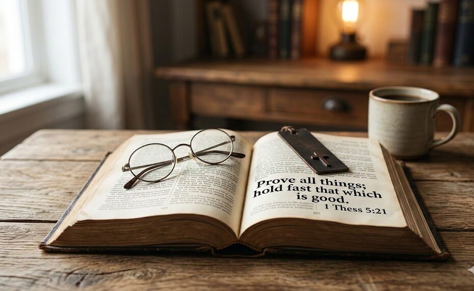 An open antique Bible on a rustic wooden desk with reading glasses and a cup of coffee. The text 1 Thessalonians 5:21 is visible on the page.