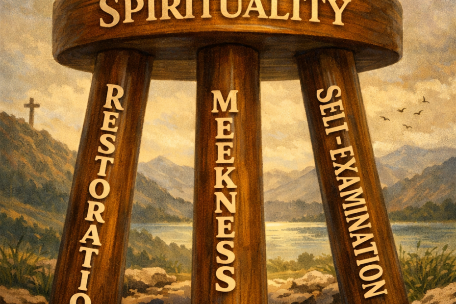 3-legged wooden stool labeled Restoration Meekness and Self-Examination supporting a seat labeled Spirituality.