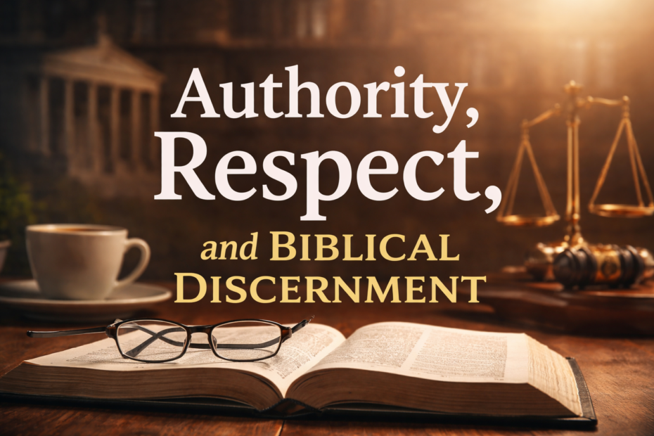 Open Bible with glasses and coffee beside symbols of authority, representing biblical discernment and respect for authority