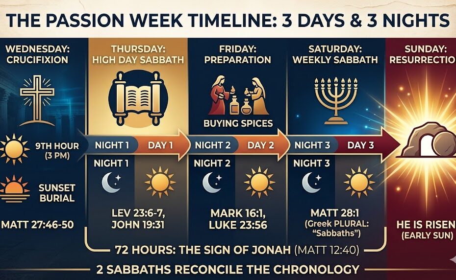 A comprehensive timeline of the Passion Week showing a Wednesday crucifixion, two Sabbaths (High Day and Weekly), and the 72-hour "Sign of Jonah" leading to a Saturday evening resurrection.