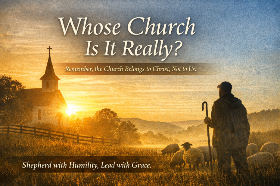 Sunrise over a country church with a shepherd and sheep, symbolizing humility and Christ’s ownership of the church.