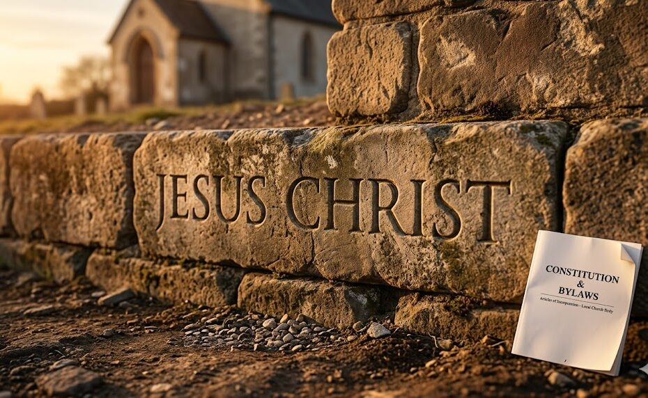 A massive stone foundation engraved with the name "Jesus Christ" standing strong while a small "Constitution & Bylaws" booklet sits on the ground beside it.