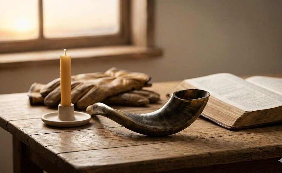 A single, silent shofar and a candle resting on a rustic wooden table, symbolizing the paradox of the Watchman and 1 Thessalonians 4:11.