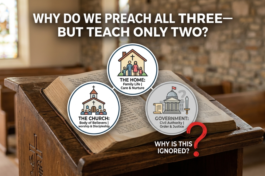 An open Bible on a church pulpit featuring an infographic with three circular icons: The Home, The Church, and a grayed-out Government icon. Large text at the top asks, "Why do we preach all three—but teach only two?" A large red question mark sits by the Government icon.