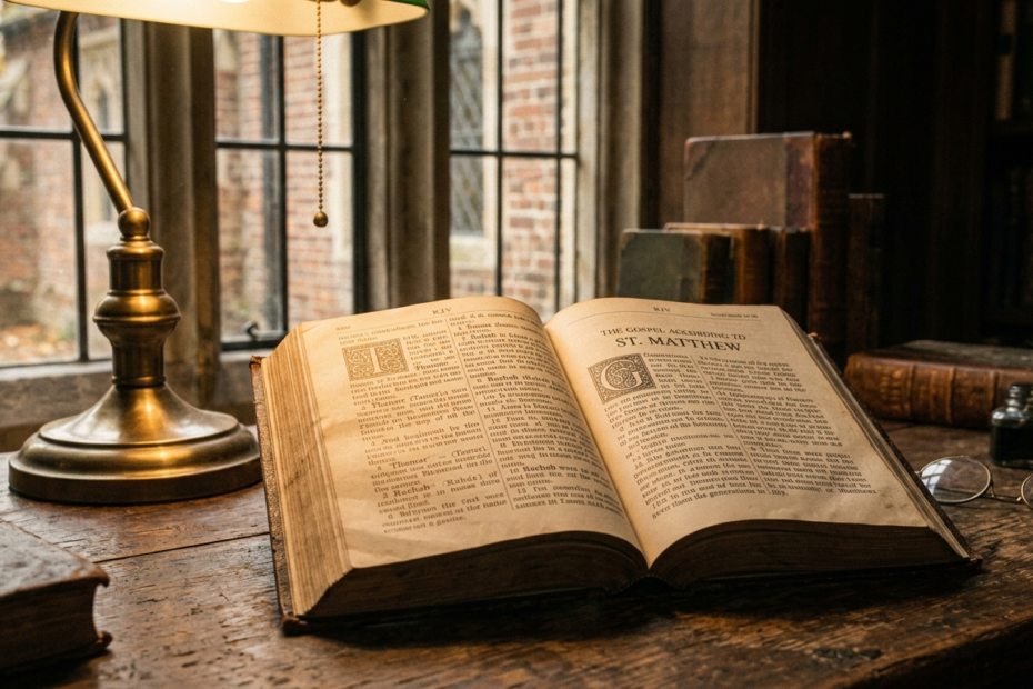An old King James Version Bible opened to the Gospel of Matthew on a rustic wooden study desk under a warm lamp.