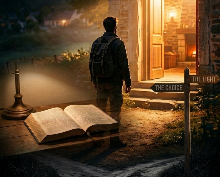 A traveler stands at a dark crossroads looking toward a brightly lit, open doorway, with a subtle open Bible in the background, illustrating a theological decision between darkness and light.